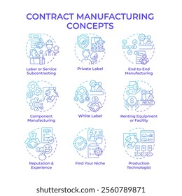 Contract manufacturing blue gradient concept icons. Outsourced production. Equipment rental. Private labeling, white labeling. Icon pack. Vector images. Round shape illustrations. Abstract idea