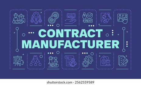 Contract manufacturing dark blue word concept. Outsourcing. Business strategies. Production concepts. Horizontal vector image. Headline text surrounded by editable outline icons