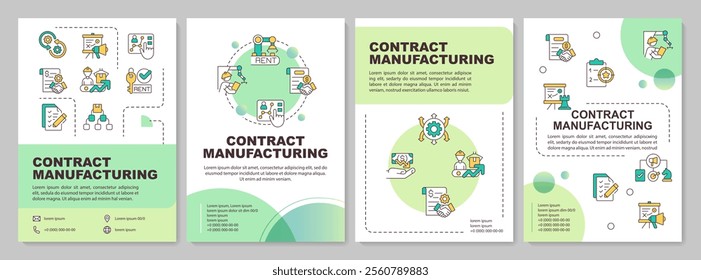 Contract manufacturing green gradient brochure template. Benefits, agreements and business tips. Leaflet design with linear icons. Editable 4 vector layouts