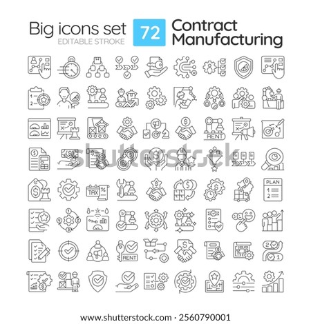 Contract manufacturing linear icons set. Production processes, agreements and workflows concepts. Customizable thin line symbols. Isolated vector outline illustrations. Editable stroke