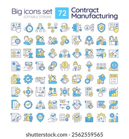 Contract manufacturing RGB color icons set. Production processes, agreements and workflows concepts. Isolated vector illustrations. Simple filled line drawings collection. Editable stroke