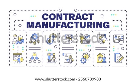 Contract manufacturing teal word concept isolated on white. Business strategies. Production concepts. Creative illustration banner surrounded by editable line colorful icons