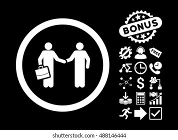 Contract Meeting icon with bonus icon set. Vector illustration style is flat iconic symbols, white color, black background.