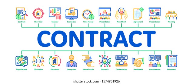 Contract Minimal Infographic Web Banner Vector. Human Silhouette And Hands, Handshake And Agreement Contract Document With Pen Concept Illustrations