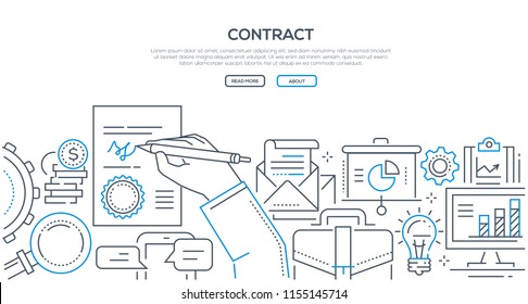 Contract - modern line design style illustration on white background with place for your text. A composition with a document, hand with a pen drawing a signature, lightbulb, bag, pile of coins
