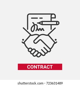 Contract - modern vector single line design single icon. A black and white image depicting a paper agreement, document, pencil, written signature, handshake. Business, partnership presentation.