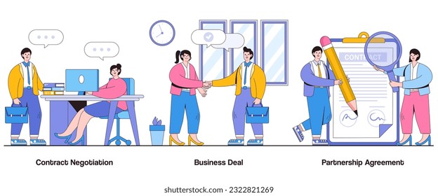 Contract Negotiation, Business Deal, Partnership Agreement Concept with Character. Business Collaboration Abstract Vector Illustration Set. Deal Closing Metaphor.