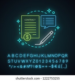 Contract neon light concept icon.  Business agreement. Document idea. Business deal. Glowing sign with alphabet, numbers and symbols. Vector isolated illustration