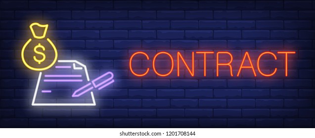 Contract neon sign. Document, pen and money. Agreement, deal, sale contract. Night bright advertisement. Vector illustration in neon style for commerce, partnership, business