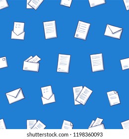 Contract pages and envelope seamless pattern with isolated icons. Sheets of paper and closed letters, blanks with text, endless texture paperwork elements