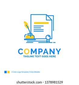 contract, paper, document, agreement, award Blue Yellow Business Logo template. Creative Design Template Place for Tagline.