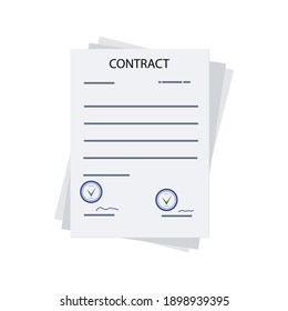 Contract, 
paper documents with seal, text, signature. Checklist, approved assignment, project, or office document to 
execution. Vector flat style illustration.