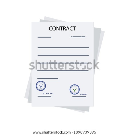 Contract, 
paper documents with seal, text, signature. Checklist, approved assignment, project, or office document to 
execution. Vector flat style illustration.