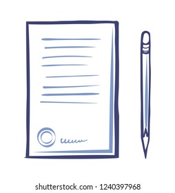 Contract paper icon and sharp pencil isolated vector. Document list with font signs, written scribble text on sheet. File with note, template of letter