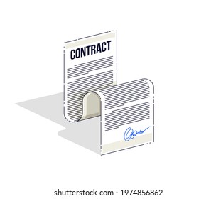 Contract paper page sheet isolated on white background. Isometric vector business and finance illustration, 3d thin line design.