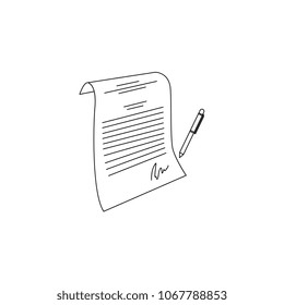 contract paper with pen icon. Hand drawn agreement document symbol, corporate legal financial deal, partnership concept. Isolated monochrome illustration on a white background.