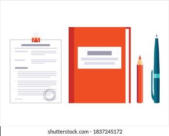 Contract papers. Document with approval stamp. Folder with pen and pencil. Business Vector icons on isolated background. Stack of agreements document. 