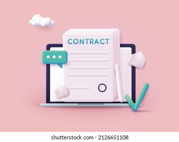 Contract papers. Document. Digital signature concept. Businessman signing an agreement or contract online.3D Web Vector Illustrations.