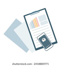 Documentos de contrato. Documento. Carpeta con el informe y el texto del gráfico de finanzas analíticas de negocios. Documento sobre la serie de acuerdos. Ilustración vectorial. 