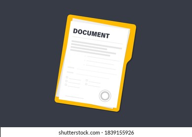 Contract papers. Document. Folder with stamp and text. Stack of agreements document papers with signature and approval stamp. Contract documents. Concept of business paperwork, flat illustration