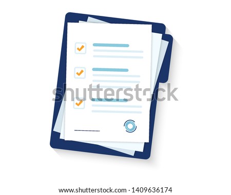 Contract papers. Document. Folder with stamp and text. Stack of agreements document with signature and approval stamp.  ストックフォト © 