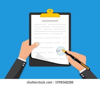 Contract papers signing. Hand signed document. Signing the contract. Agreement with signature and stamp. Paperwork concept. Business document with seal. Vector illustration.