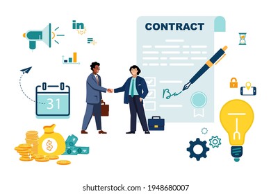 Concepto de asociación contractual. Financiación de proyectos creativos. Apretón de manos de dos hombres de negocios. Acuerdo de las partes. Documentos de firma.El inversor tiene dinero en ideas.Equipo de negocios.Ilustración vectorial