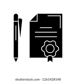 Contract with pen black vector concept icon. Contract with pen flat illustration, sign