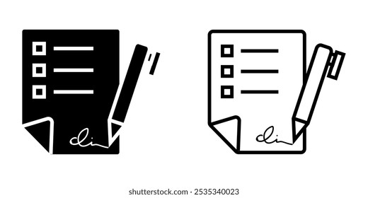 Contrato y pluma conjunto icono sobre fondo blanco