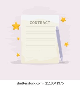 Contract with pen and stars. Vector illustration.