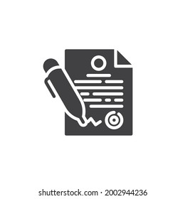 Contract and pen vector icon. Agreement contract filled flat sign for mobile concept and web design. Signing document glyph icon. Symbol, logo illustration. Vector graphics
