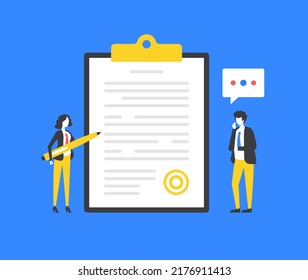 Contrato. Personas y portapapeles con el documento. Formulario, conceptos de acuerdo. Conjunto de elementos gráficos modernos. Ilustración del vector