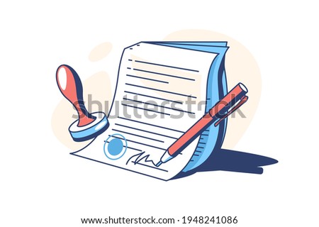 Contract with personal sign vector illustration. Pen writing signature on paper flat style. Red stamp. Agreement on document. Business and good deal concept. Isolated on white background