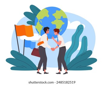 Contract of politicians. Men shake hands with globe in background. Political negotiations and meetings. Global economics and politics. Government partners. Flat vector illustration