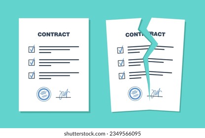 Contract with seal and signature and Broken contract, torn paper document. Breach of agreement. Expired legal signed document. Vector illustration