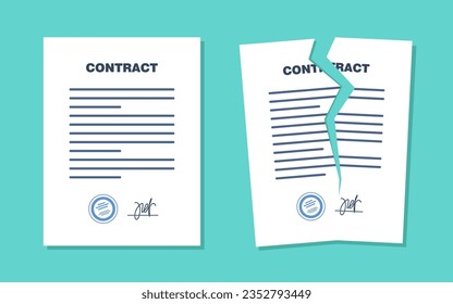 Contract with seal and signature and Broken contract, torn paper document. Breach of agreement. Expired legal signed document. Vector illustration