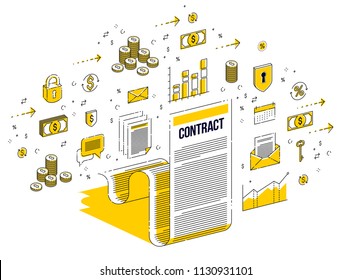 Contract sheet paper legal document and cash money stacks isolated on white background. 3d vector business isometric illustration with icons, stats charts and design elements.