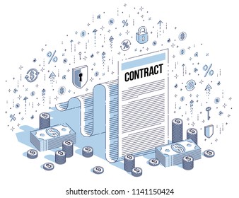 Contract sheet paper legal document and cash money stacks isolated on white background. 3d vector business isometric illustration with icons, stats charts and design elements.