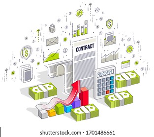 Contract sheet paper legal document and cash money stacks isolated on white background. 3d vector business isometric illustration with icons, stats charts and design elements.