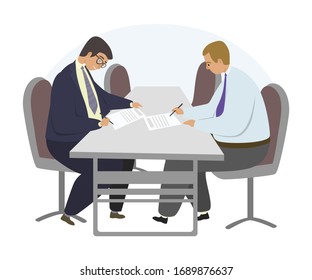 Contract Sign Up Flat Vector Illustration. Success Deal, Partnership, Agreement Concept. Two People, A Businessman, Sign A Contract While Sitting At The Table, Side View.