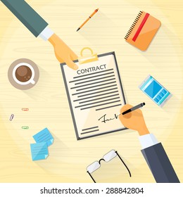 Contract Sign Up Paper Document Business People Agreement Pen Signature Office Desk Flat Vector Illustration