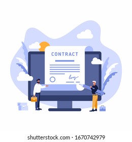 Contract Sign Up Paper Document Businessman Agreement Digital Signature Tablet Computer Smart Cell Phone Web Banner Flat Vector Illustration