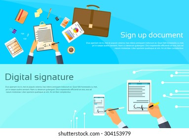 Contract Sign Up Paper Document Businessman Agreement Digital Signature Tablet Computer Smart Cell Phone Web Banner Flat Vector Illustration