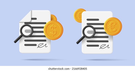 Contract with signature 3 icon with dollar and euro coins and magnifying glass