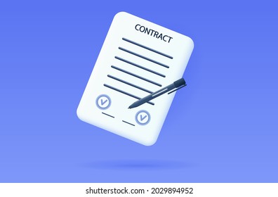 Contract signature 3d. Agreement or business treaty on paper page. Affiliate signing a successful deal with a pen. The concept of the approved financial contract of the company. Vector illustration