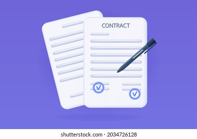 Contract signature 3d. Agreement or business treaty on paper page. Affiliate signing a successful deal with a pen. The concept of the approved financial contract of the company. Vector illustration