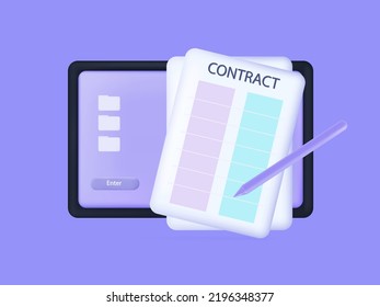 Contract signature 3d online. Agreement, business treaty on paper page. Affiliate signing a successful deal with a stylus. The concept of the approved financial contract of the company. Vector 