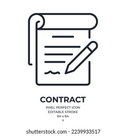 Contract and signature concept editable stroke outline icon isolated on white background flat vector illustration. Pixel perfect. 64 x 64.