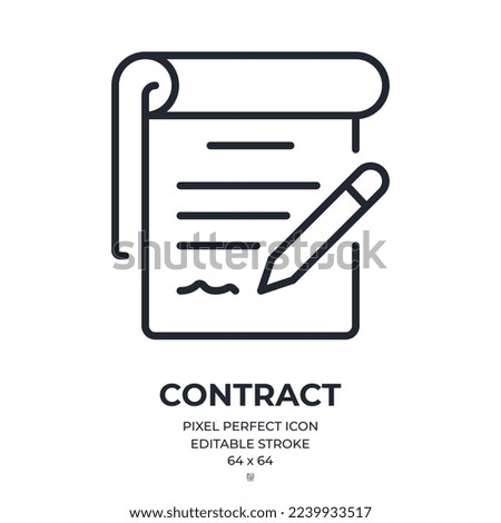Contract and signature concept editable stroke outline icon isolated on white background flat vector illustration. Pixel perfect. 64 x 64.