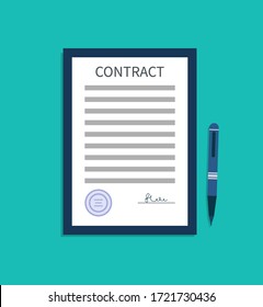 Contract with signature. Document of agreement. Write sign in paper is consent on legal work, trade, business and rental. Approval of license or certificate. Fake finance deal with seal. Vector.